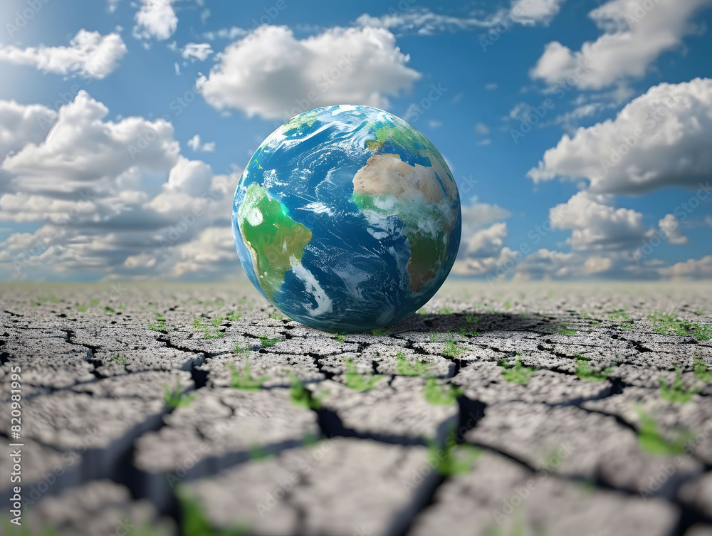 Global Warming Impact, Cracked Earth and Globe under Blue Sky Global Warming Impact, Cracked Earth and Globe under Blue Sky