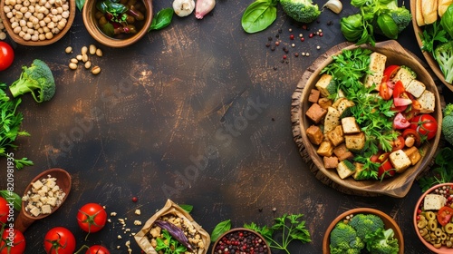 Plantbased meals rich in tofu and tempeh cater to vegan dietary needs, ensuring a healthy food diet, with a solid background and copy space on center for advertise photo