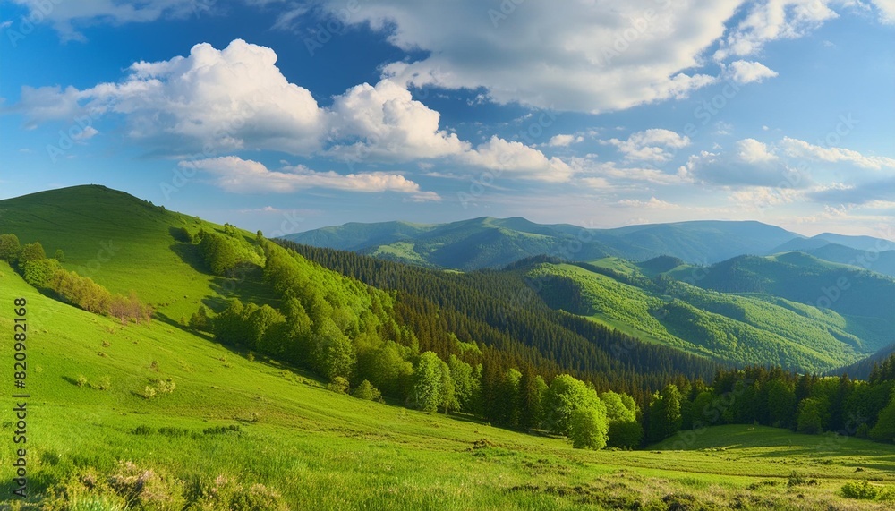 carpathian countryside scenery in spring rural landscape of ukraine with grassy fields and forested hills beneath a blue sky with fluffy clouds in morning light