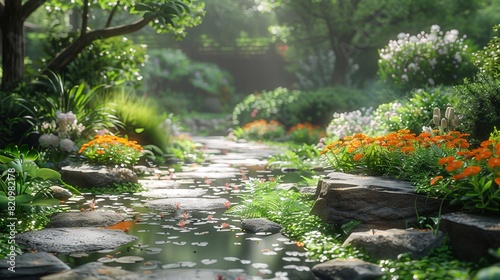A lush botanical garden bursting with vibrant blooms and verdant foliage photo