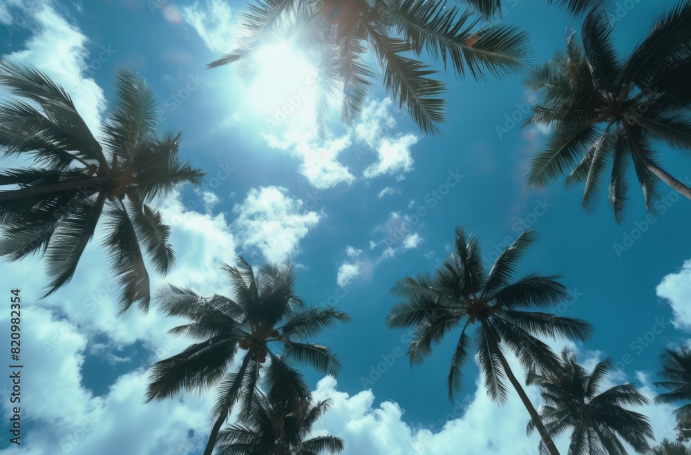 Obraz premium Bright tropical sky with swaying palm trees during daytime