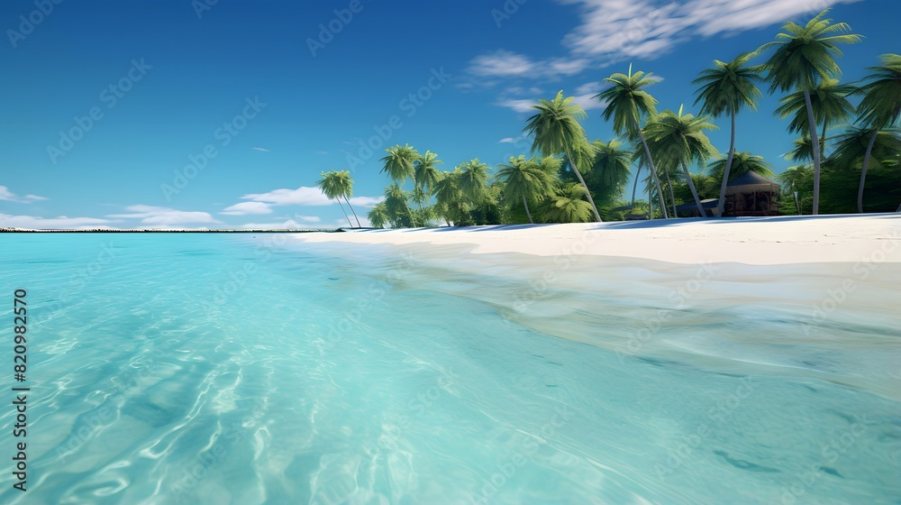 Panoramic view of a tropical island with palm trees and white sand