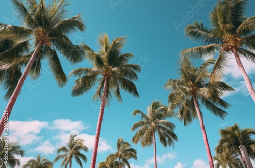 palm trees blowing in the wind with a blue sky in the background