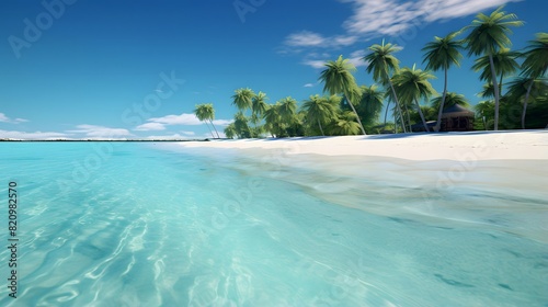 Panoramic view of a tropical island with palm trees and white sand