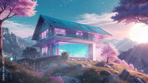 Daylight animation of a pastel house filled with colors and light, 4k loop. photo