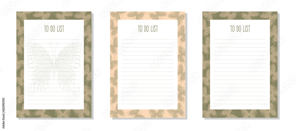 Set planner, to do list with hand drawn butterfly in zentangle style and pastel colors. Format A4,A5. Set planner, to do list with hand drawn butterfly in zentangle style and pastel colors. Format A4,A5.
