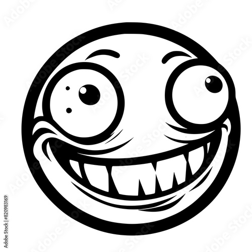 A crazy and funny smiley face in black and white, perfect for emotional expression illustrations, cartoons, humorous designs, and versatile creative projects