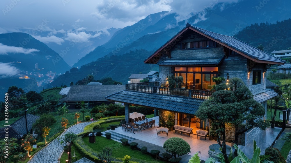 a modern-style villa, designed as a homestay, nestled amidst the picturesque mountains, boasting a meticulously crafted courtyard landscape design, captured in an enchanting overhead view.