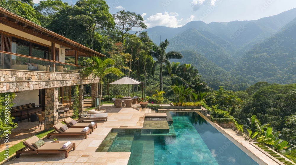 Fototapeta premium a modern-style villa, designed as a homestay, nestled amidst the picturesque mountains, boasting a meticulously crafted courtyard landscape design, captured in an enchanting overhead view.
