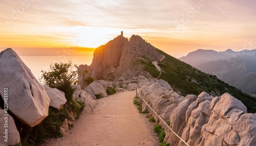 path to the top of the mountain with a sunset in the background photo