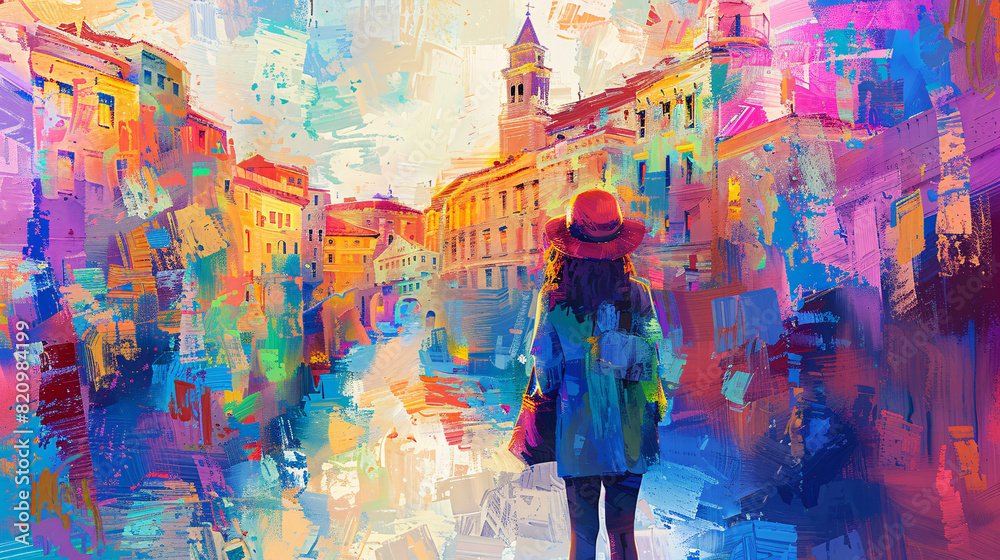 Fototapeta premium Illustration of a woman touring a famous city destination, rendered in a colorful and textured oil painting style