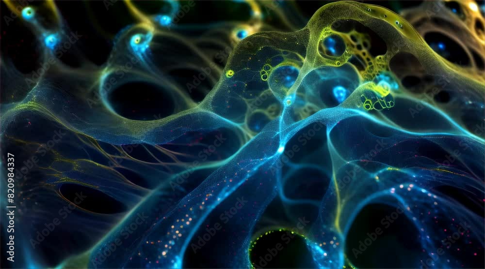 Abstract glowing blue and green organic network on a dark background. Macro shot of intricate digital patterns and structures Abstract glowing blue and green organic network on a dark background. Macro shot of intricate digital patterns and structures