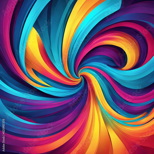 An abstract background with vibrant, swirling colors and geometric shapes for digital designs with bands of yellow, red, blue and purple