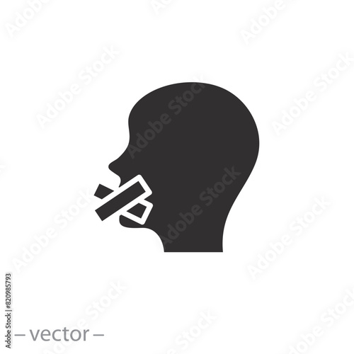 no freedom of speech icon, discrimination or censorship, at person has tape on mouth, infringement right human to speak, violence for people, flat symbol - vector illustration