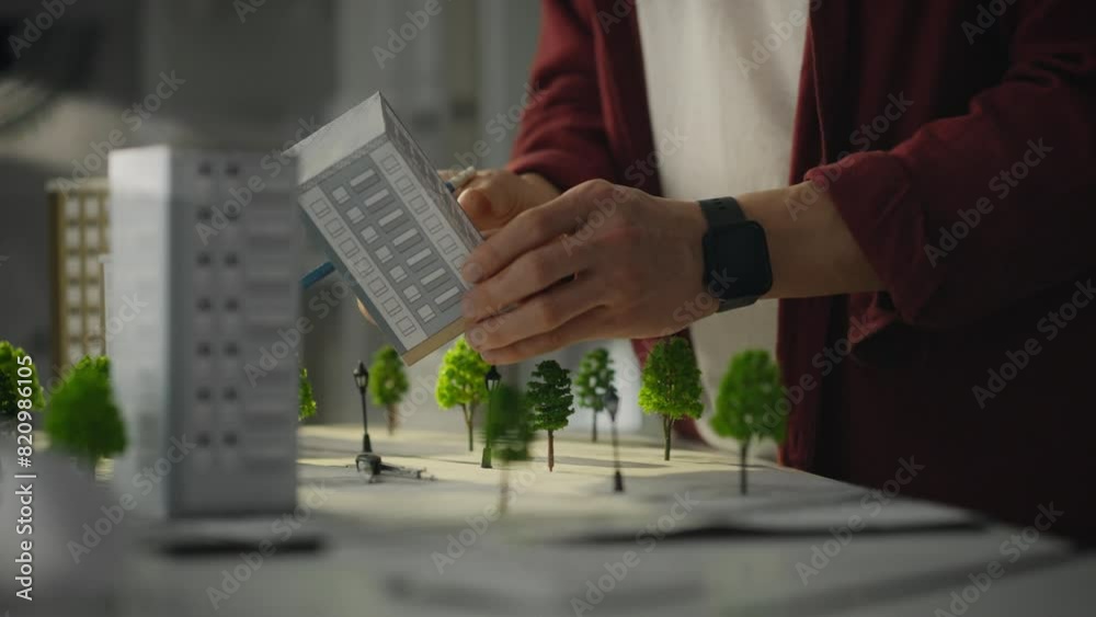 Brainstorming in an architectural design office, a young architect works hard to choose the optimal layout of buildings. Designer discusses options for sustainable urban development