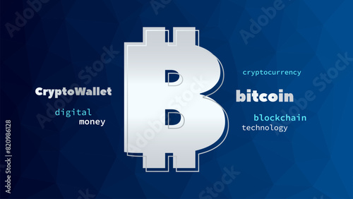 Bitcoin sign. Blockchain technology, crypto currency symbol. Virtual money icon for business, finance, digital global trade, payment, cryptowallet, worldwide, exchange. Blue triangle background