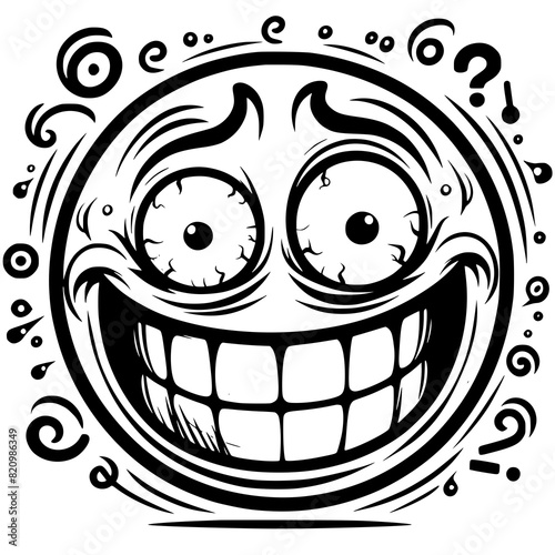 A crazy and funny smiley face in black and white, perfect for emotional expression illustrations, cartoons, humorous designs, and versatile creative projects