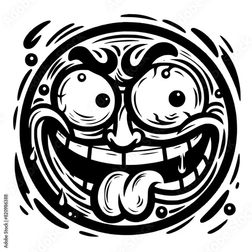 A crazy and funny smiley face in black and white, perfect for emotional expression illustrations, cartoons, humorous designs, and versatile creative projects