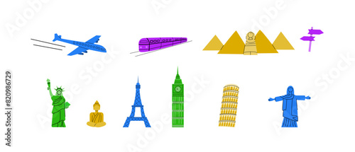 Travel destinations Europe, Asia and America famous and trip summer elements set. Statues and building for landmark posters, cover design.