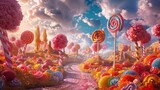 A whimsical illustration of lollipops growing in a candy land setting,