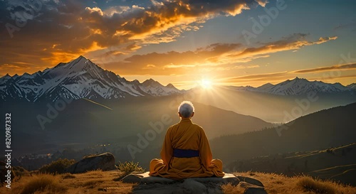 A sage meditating at sunrise, golden sky clouds, with majestic mountains in the background. This scene is captured in a wide shot, highlighting the vastness and beauty of the landscape photo