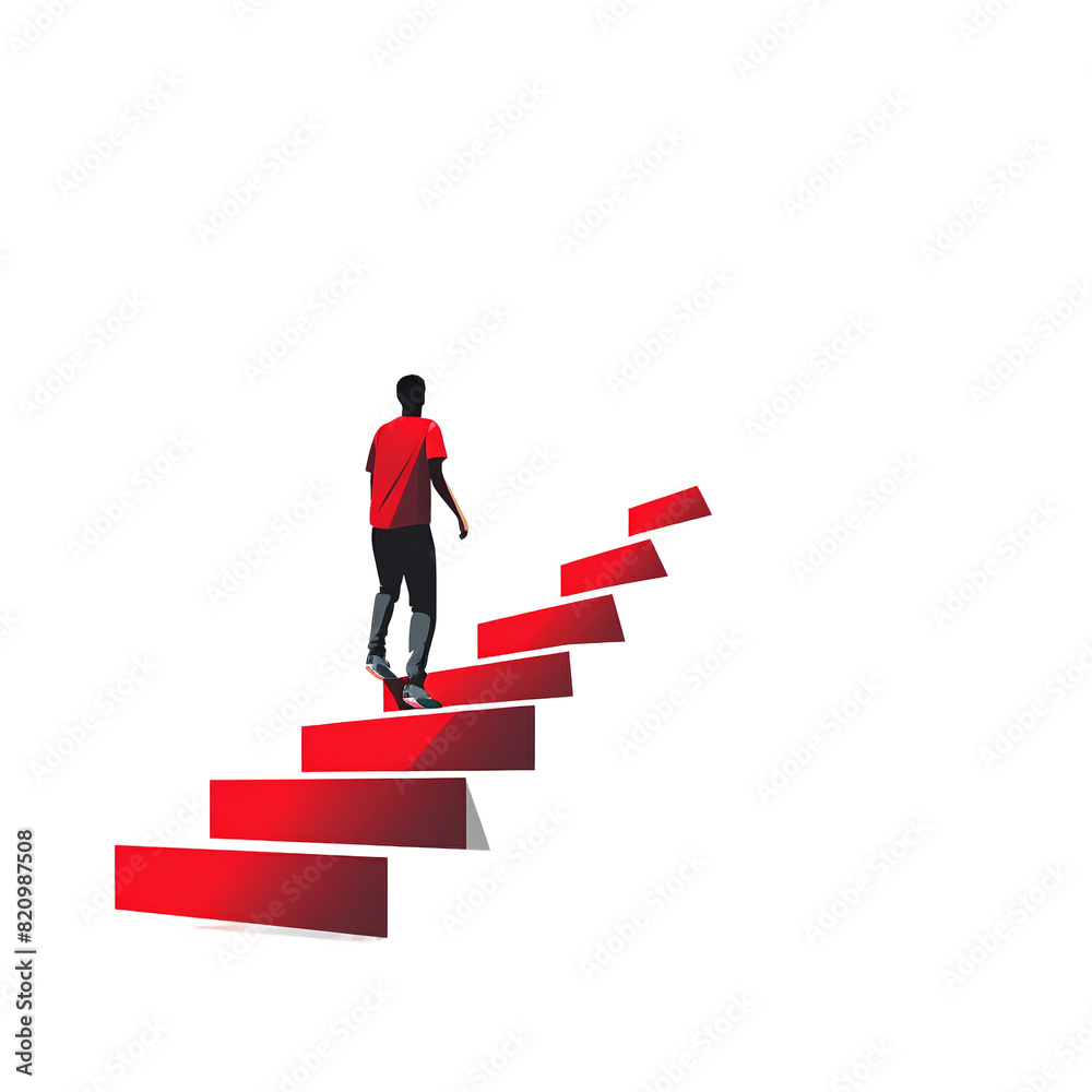 A man is walking up a red staircase. The stairs are red and white