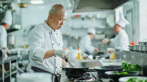 Bald Asian male pro chef cooks in restaurant