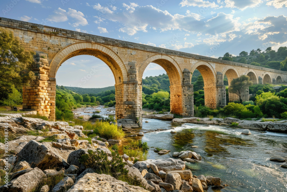 The ancient Roman aqueduct, Pont du Gard, spanning the Gardon River in southern France