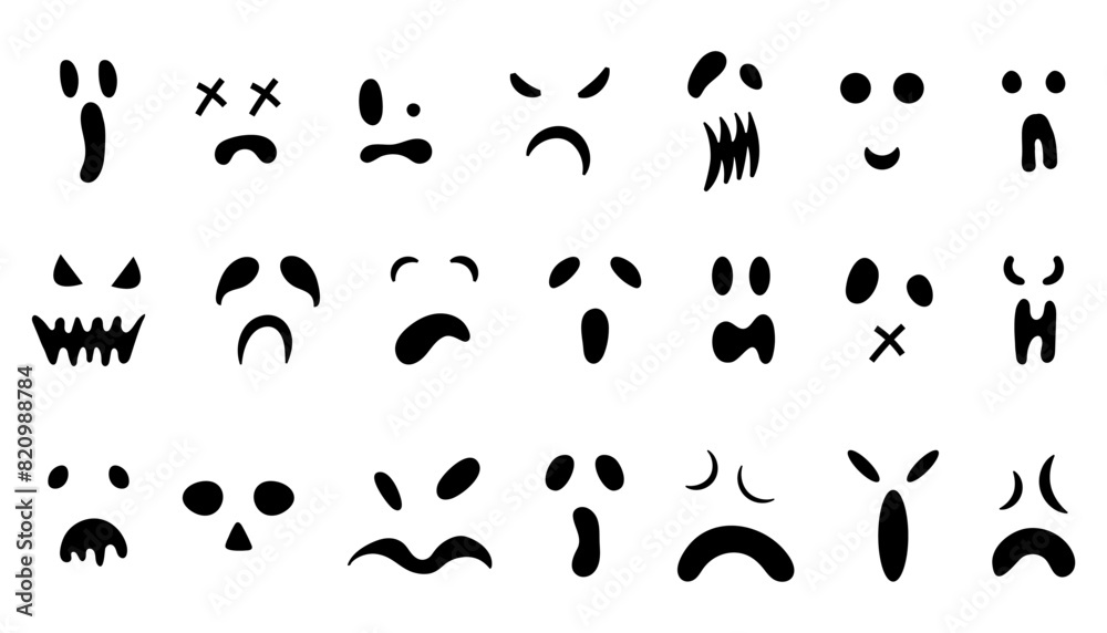 Set of scary faces of ghost or Halloween pumpkin. Collection of monsters emoticon. Vector illustration isolated on white background Set of scary faces of ghost or Halloween pumpkin. Collection of monsters emoticon. Vector illustration isolated on white background