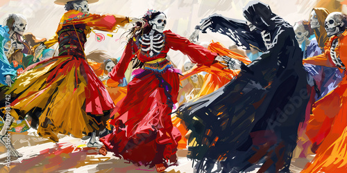 The Dance of Life and Death - A group of figures, one clothed in vibrant garb and the other draped in a shroud, dance together in a circle, their movements mimicking the cycle of life and death