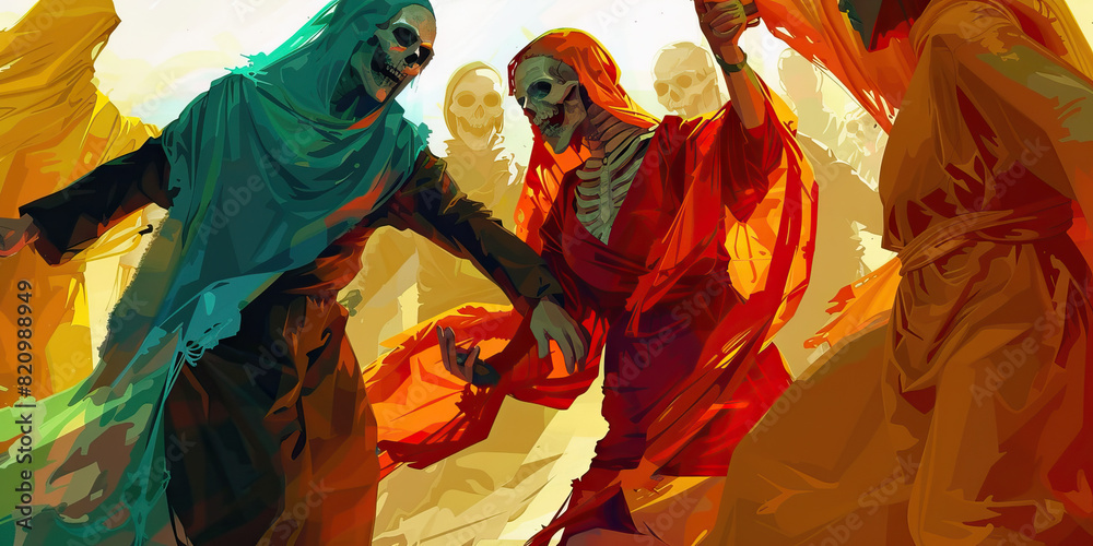 Fototapeta premium The Dance of Life and Death - A group of figures, one clothed in vibrant garb and the other draped in a shroud, dance together in a circle, their movements mimicking the cycle of life and death