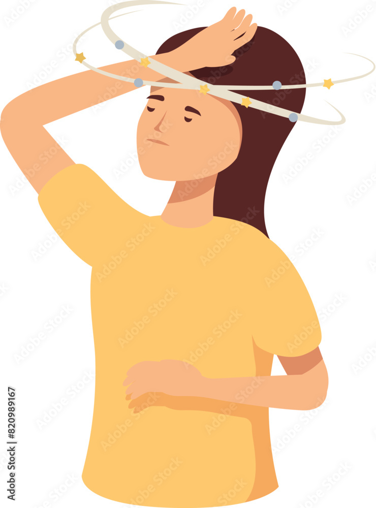 Illustration of a young woman feeling dizzy. Unwell. And disoriented. Experiencing vertigo. Nausea. And headache. Holding her head in distress and discomfort. Showing symptoms of illness and imbalance Illustration of a young woman feeling dizzy. Unwell. And disoriented. Experiencing vertigo. Nausea. And headache. Holding her head in distress and discomfort. Showing symptoms of illness and imbalance