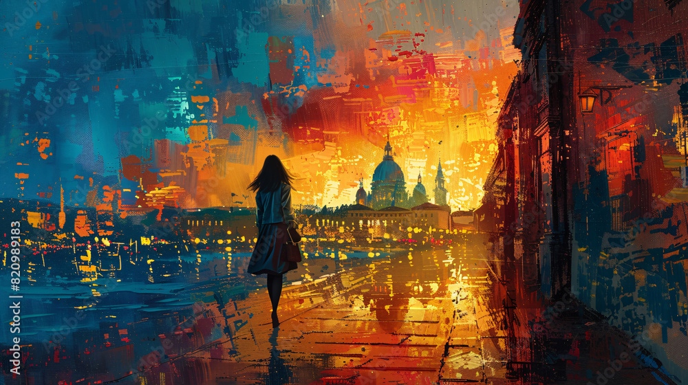 Scenic artwork of a woman exploring a city's famous sights, illustrated ...