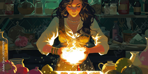 The Alchemist's Triumph - A lone alchemist stands before a vast array of ingredients, her hands glowing with the power to transform them into something greater, her face lit with the knowledge