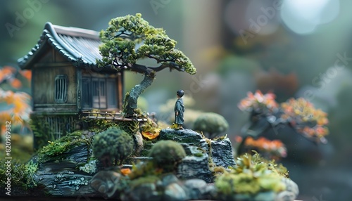 Miniatur asiatische Landschaft mit Haus und einer Person photo