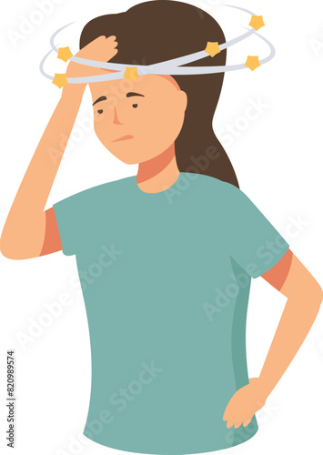 Vector graphic of a young woman experiencing vertigo, with stars circling her head