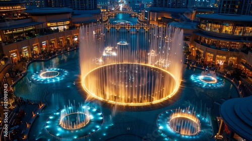 Dubai Mall with its spectacular fountain display, focus on mystical presentation and vibrant city background