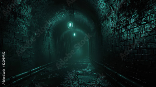 a cavernous tunnel that is only lit by a victorian synthwave lamp standing alone on the ground