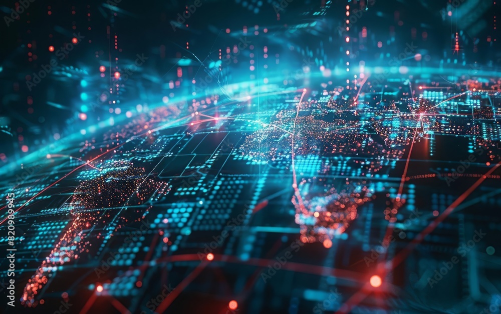 Obraz premium Global network illustrated with a digital earth and orbiting data links, close up dynamic multilayer for cyber technology theme