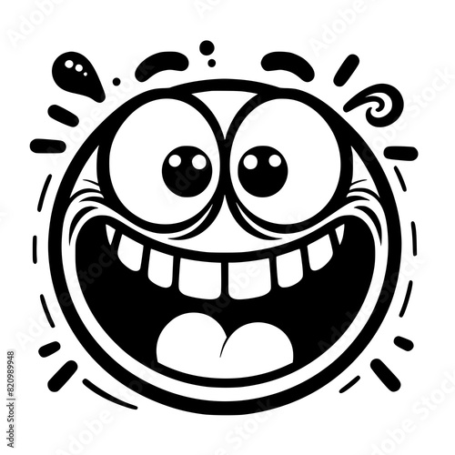 A crazy and funny smiley face in black and white, perfect for emotional expression illustrations, cartoons, humorous designs, and versatile creative projects