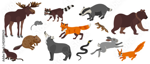 vector drawing set of forest animals isolated at white background  hand drawn illustration