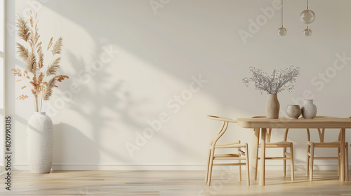 Beige wall mockup in dining room with wooden floor  side view. Scandinavian interior design of modern home entrance hall in the style of Minimal concept