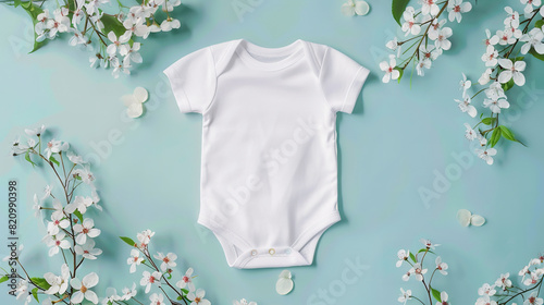 Blank white cotton baby short sleeve bodysuit on pastel blue background with white flowers