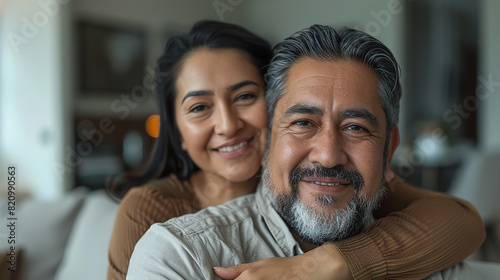 Cinematic photo of a happy middle aged Hispanic man sitting on the couch in the living room, his wife standing behind him and embracing her husband from behind with a smile on her face