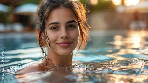 Close up portrait of a beautiful woman with brown hair in a spa pool  relaxing and smiling at the camera  blurred background