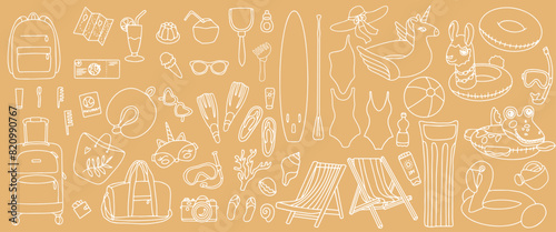 Hand drawn set of summer holiday elements, luggage, swimwear and beach accessories. Travel element drawn in doodle style. Illustration for banner, background, badge, logo design. Vector