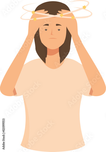 Illustration of a woman holding her head with stars indicating dizziness or vertigo