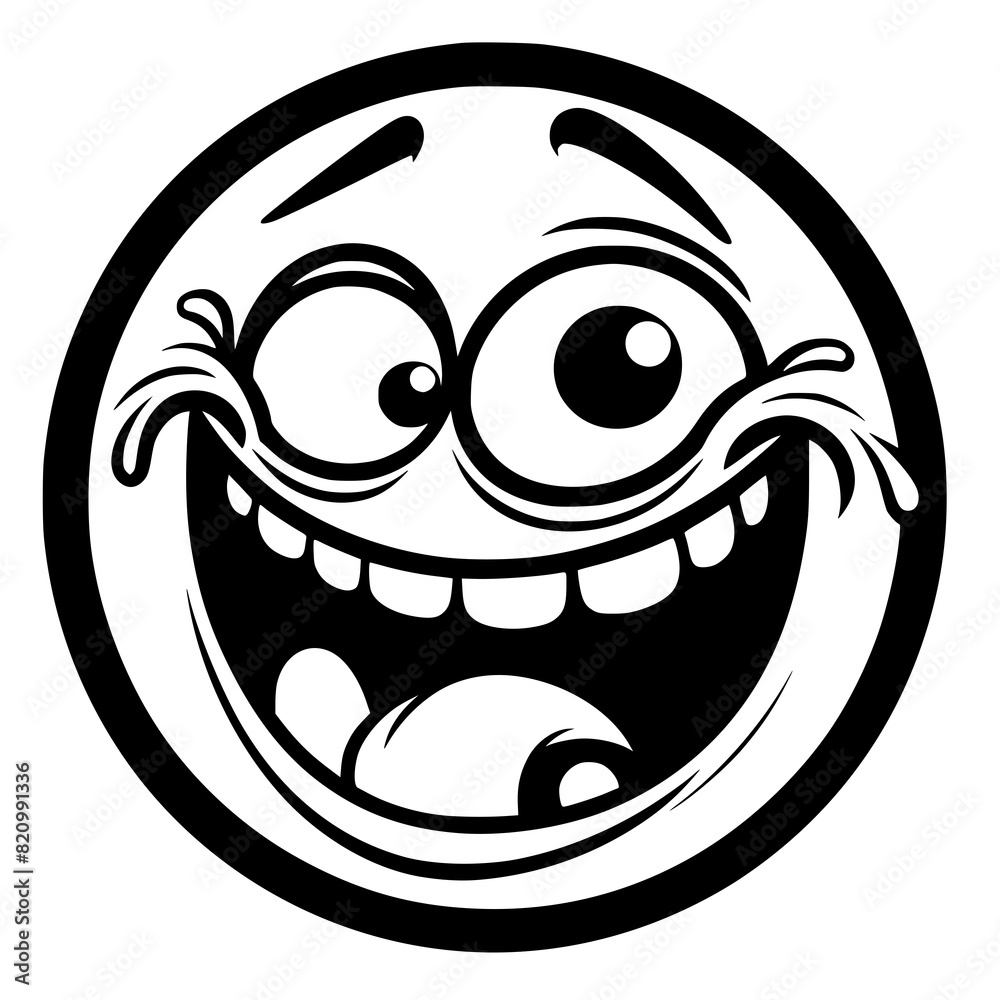 A crazy and funny smiley face in black and white, perfect for emotional expression illustrations, cartoons, humorous designs, and versatile creative projects