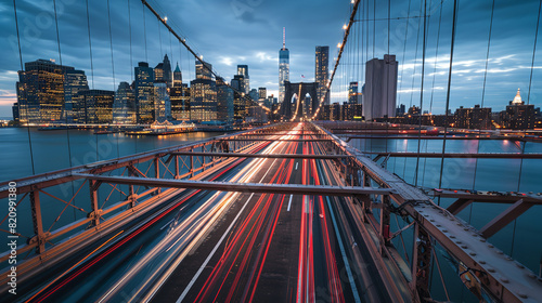 Long exposure shot of car light trails on the bridge with city skyline at blue hour in New York City © Nate