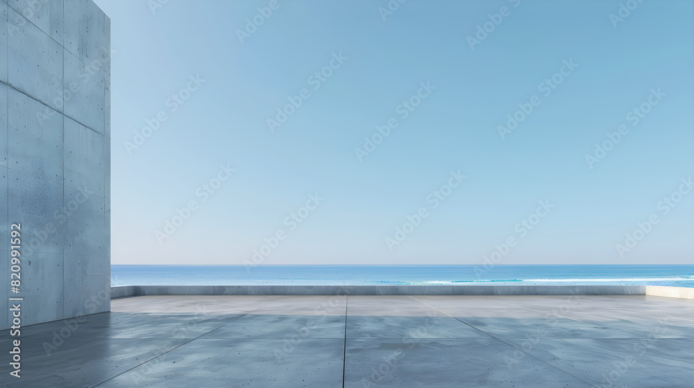 A 3D rendering of Sea View Plaza with a clear sky background, featuring an empty concrete floor and gray wall. It evokes a modern and luxurious architectural design,...